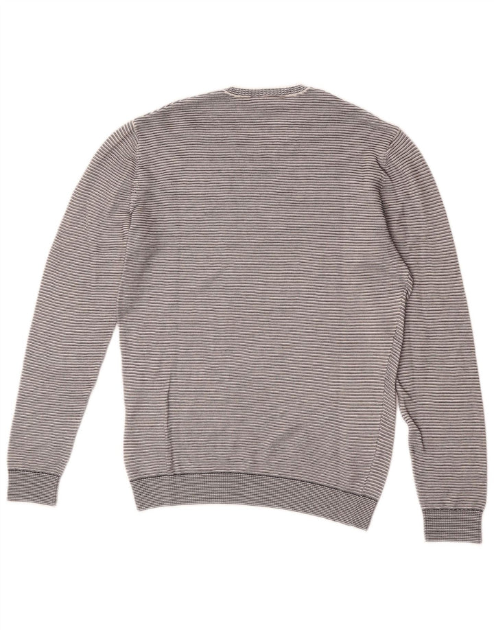 Lacoste Mens Crew Neck Jumper Sweater Size 3 Small Grey Striped Cotton