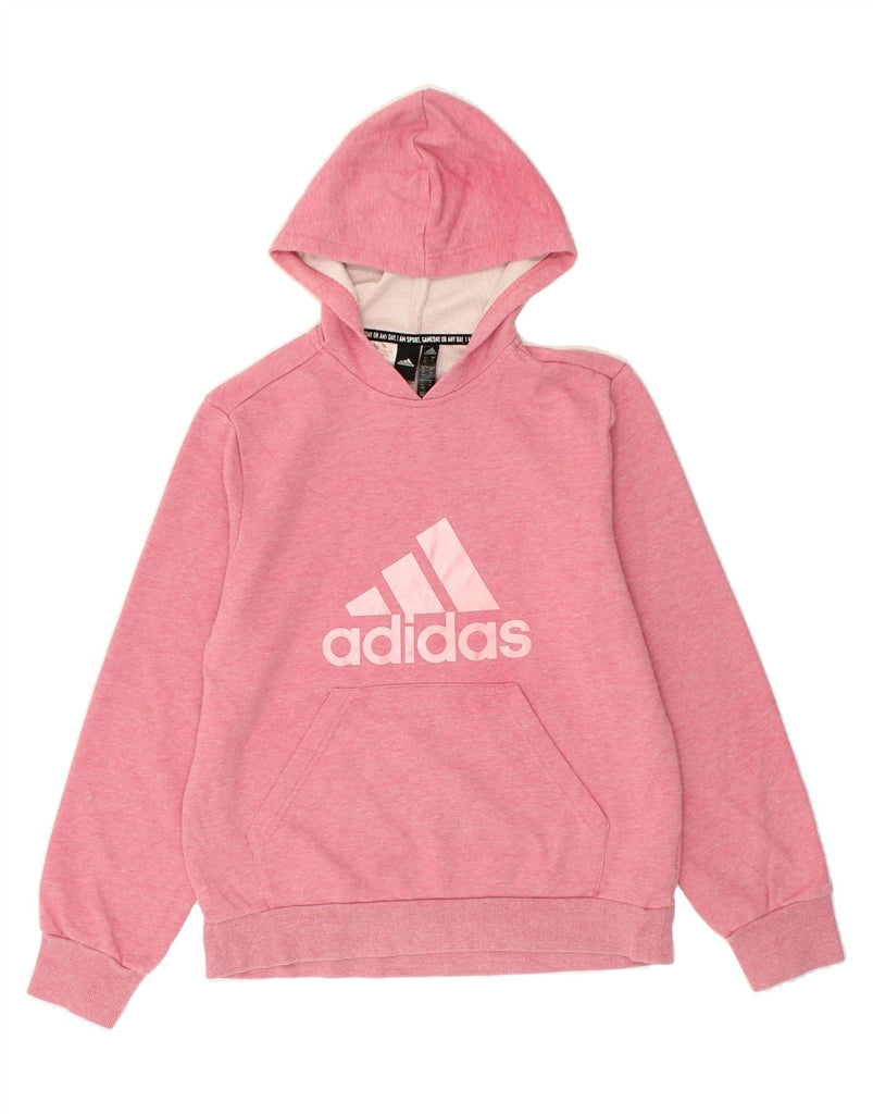 ADIDAS Girls Graphic Hoodie Jumper 13-14 Years Pink Cotton Vintage Adidas and Second-Hand Adidas from Messina Hembry 