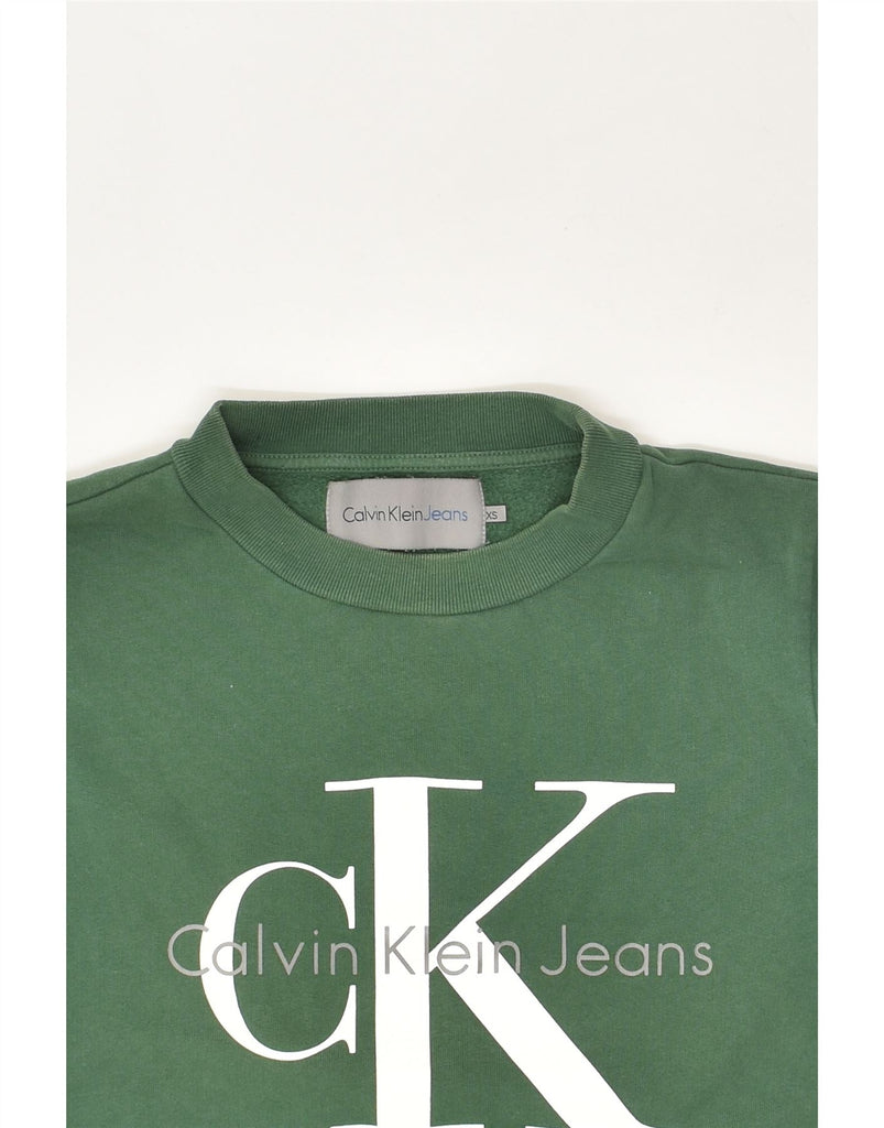 CALVIN KLEIN Womens Graphic Sweatshirt Jumper UK 6 XS Green Cotton | Vintage Calvin Klein | Thrift | Second-Hand Calvin Klein | Used Clothing | Messina Hembry 