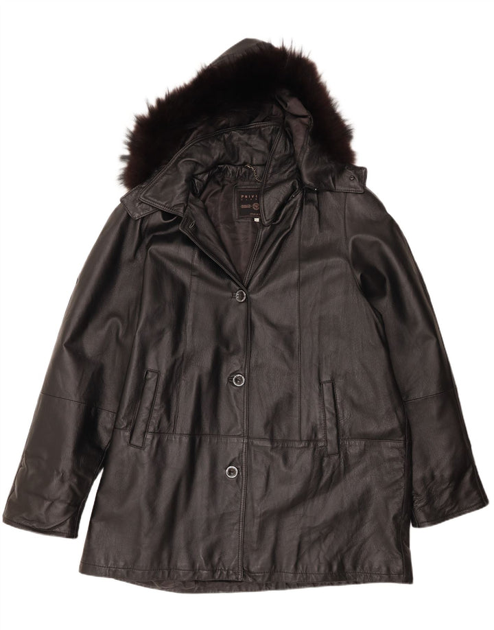 Privilegi Womens Hooded Oversized Leather Coat IT 50 XL Black Leather
