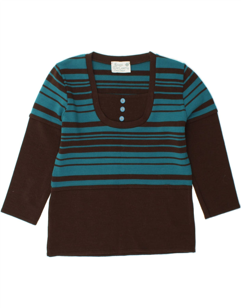 ROISIN MCCARTHY Womens Crew Neck Jumper Sweater UK 14 Medium Brown Striped Vintage Roisin McCarthy and Second-Hand Roisin McCarthy from Messina Hembry 