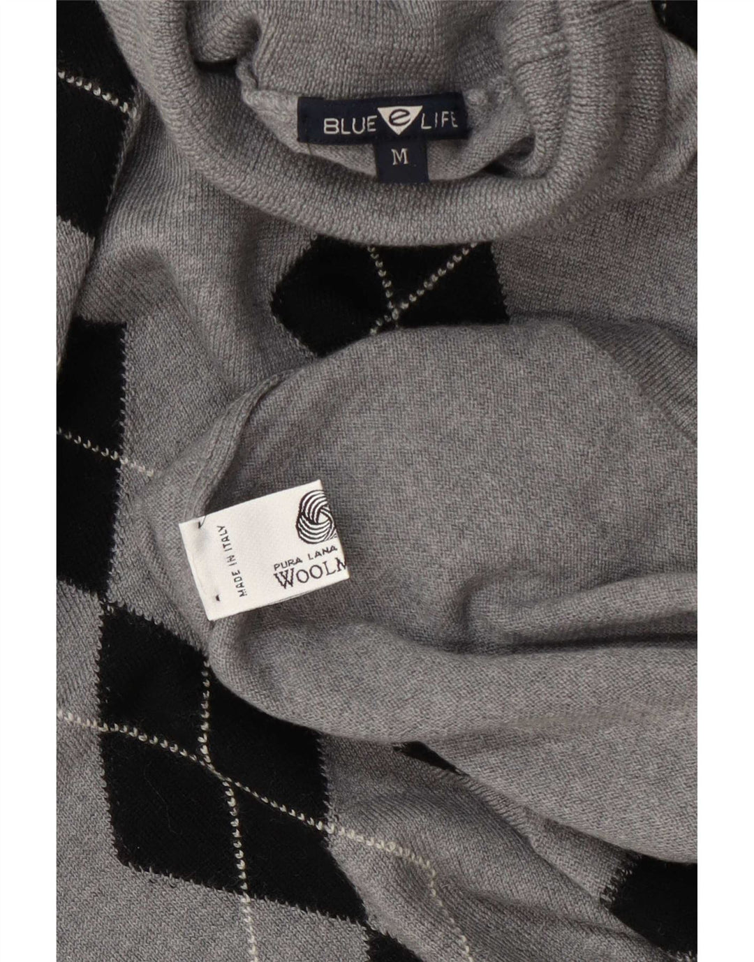 Vintage Womens Roll Neck Jumper Sweater UK 14 Medium Grey Argyle/Diamond