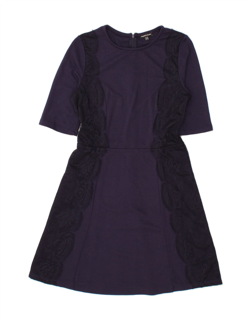 WAREHOUSE Womens A-Line Dress UK 12 Medium  Navy Blue Colourblock Viscose Vintage Warehouse and Second-Hand Warehouse from Messina Hembry 