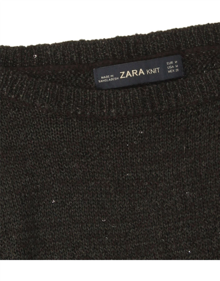 ZARA Womens Front Tie Boat Neck Jumper Sweater UK 12 Medium Black Flecked Vintage Zara and Second-Hand Zara from Messina Hembry 