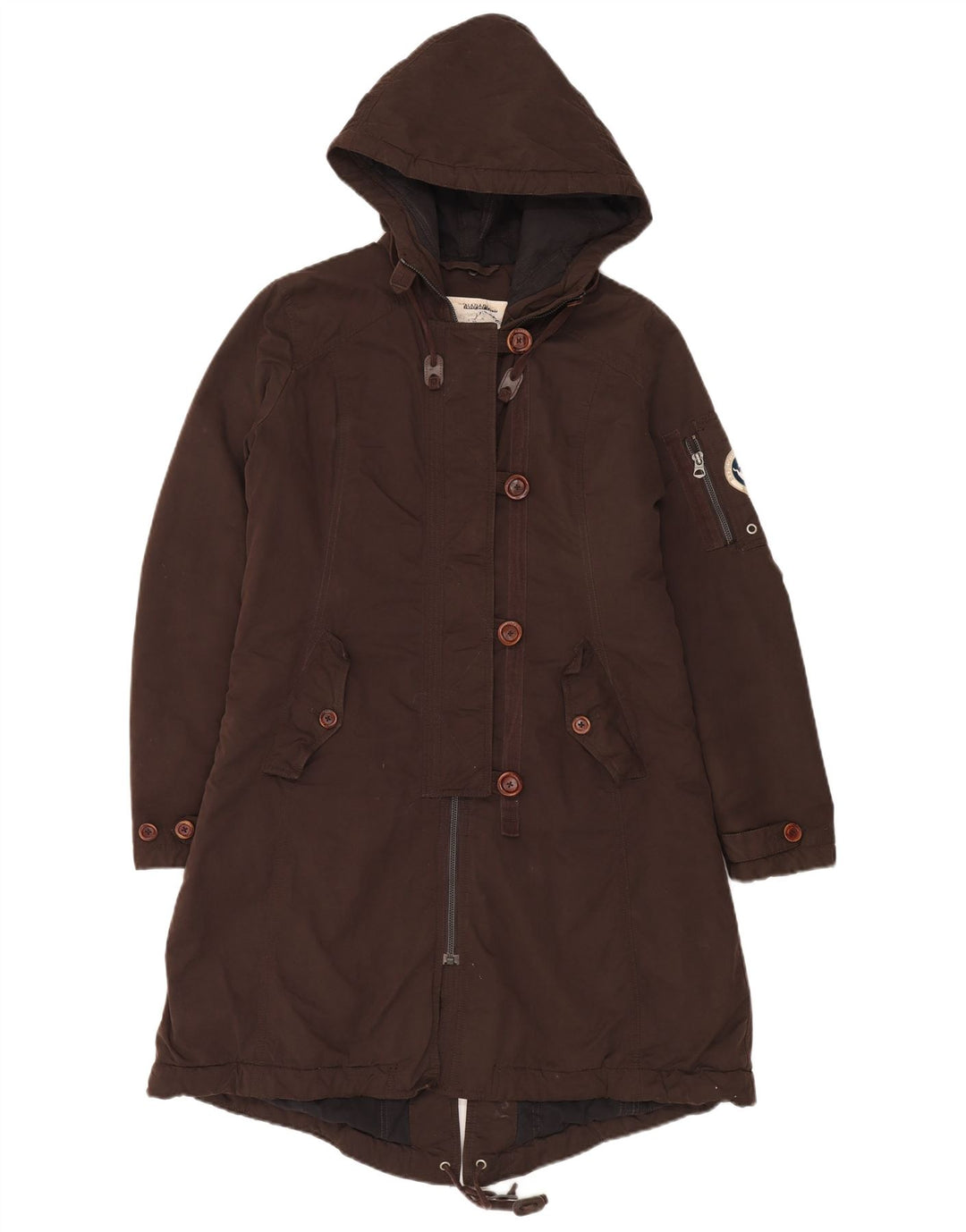 Napapijri Womens Hooded Parka Jacket UK 14 Medium Brown Cotton