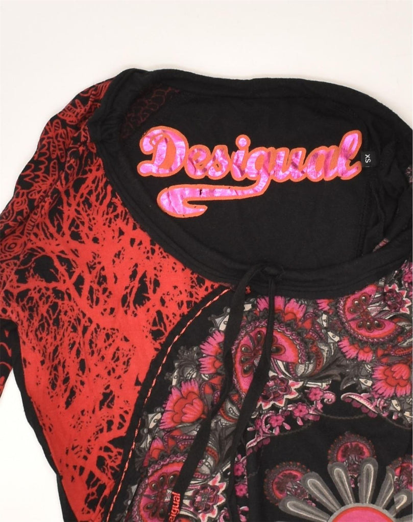 DESIGUAL Womens Graphic Top Long Sleeve UK 4 XS Black Floral Cotton | Vintage Desigual | Thrift | Second-Hand Desigual | Used Clothing | Messina Hembry 