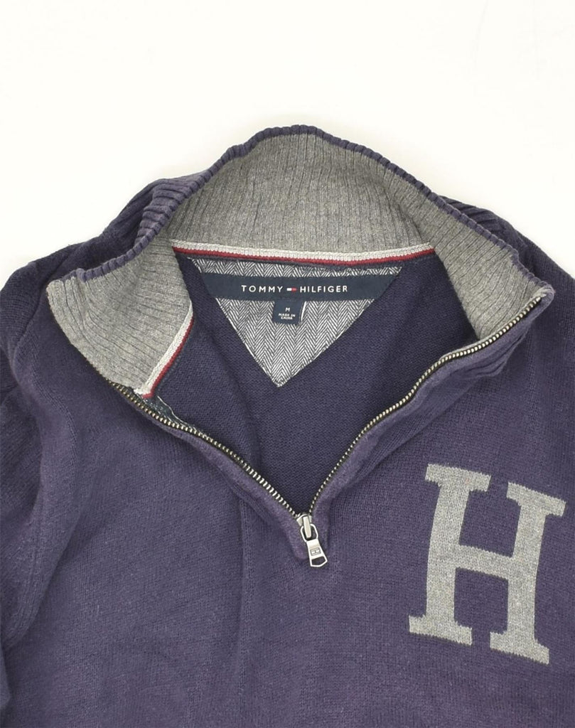 TOMMY HILFIGER Mens Zip Neck Jumper Sweater Medium Navy Blue Cotton | Vintage Tommy Hilfiger | Thrift | Second-Hand Tommy Hilfiger | Used Clothing | Messina Hembry 