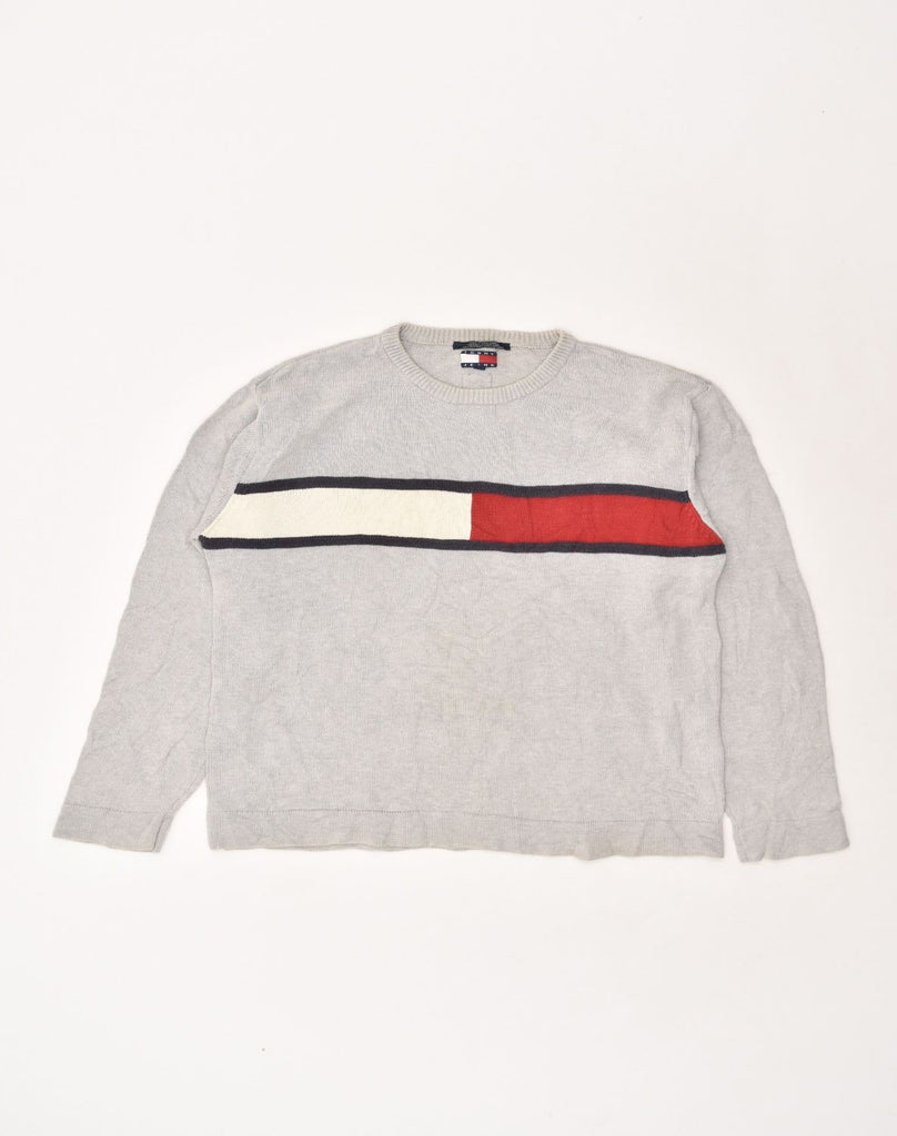 TOMMY HILFIGER Mens Graphic Crew Neck Jumper Sweater Large Grey Cotton | Vintage Tommy Hilfiger | Thrift | Second-Hand Tommy Hilfiger | Used Clothing | Messina Hembry 