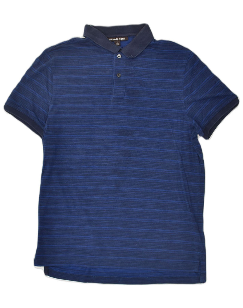 MICHAEL KORS Mens Polo Shirt Large Navy Blue Striped Cotton | Vintage Michael Kors | Thrift | Second-Hand Michael Kors | Used Clothing | Messina Hembry 