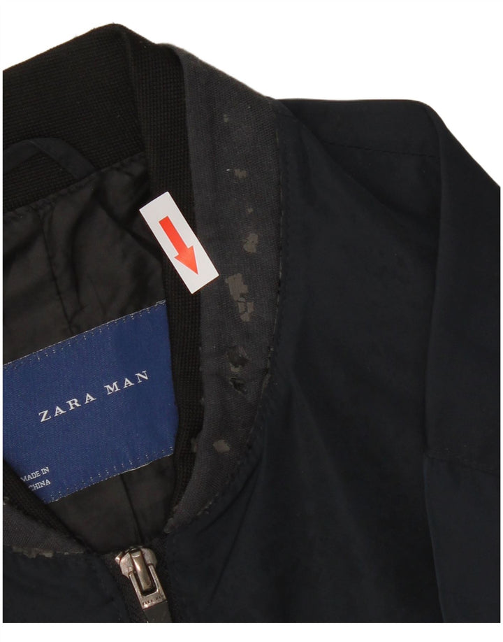 Zara Mens Bomber Jacket UK 40 Large Navy Blue Polyester