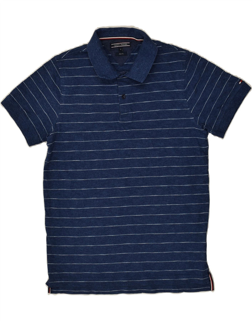 TOMMY HILFIGER Mens Slim Fit Polo Shirt Medium Blue Striped Cotton | Vintage Tommy Hilfiger | Thrift | Second-Hand Tommy Hilfiger | Used Clothing | Messina Hembry 