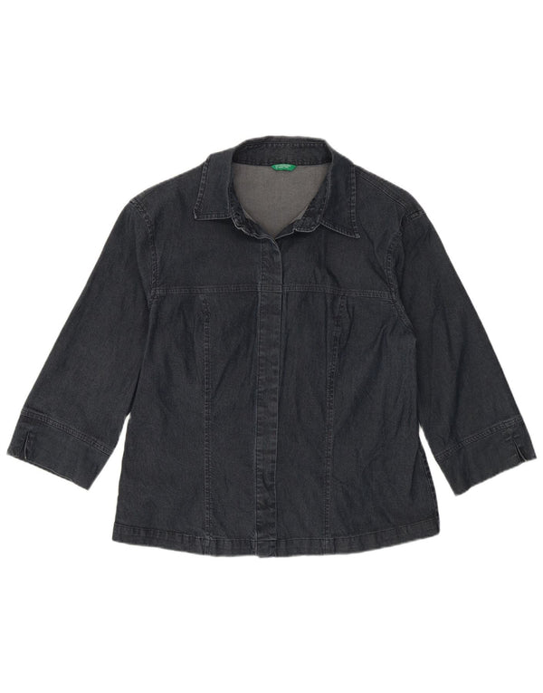 Benetton Womens 3/4 Sleeve Denim Shirt UK 14 Large Navy Blue Cotton