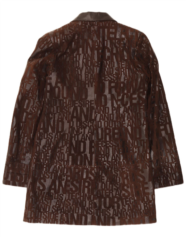 Vintage Womens Graphic Leather Coat UK 14 Medium Brown Leather