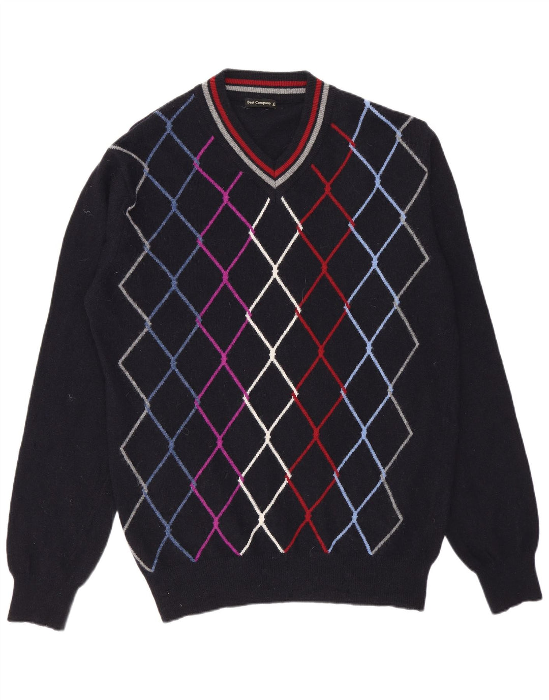 Best Company Mens V-Neck Jumper Sweater Medium Navy Blue Argyle/Diamond