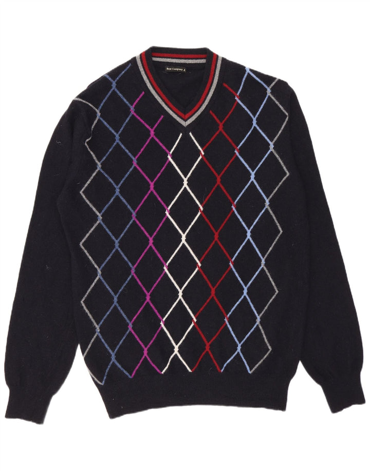 Best Company Mens V-Neck Jumper Sweater Medium Navy Blue Argyle/Diamond