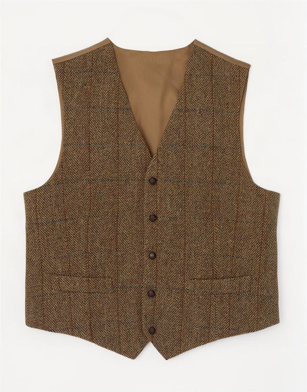 Harris Tweed Mens Waistcoat 2XL Khaki Herringbone Wool