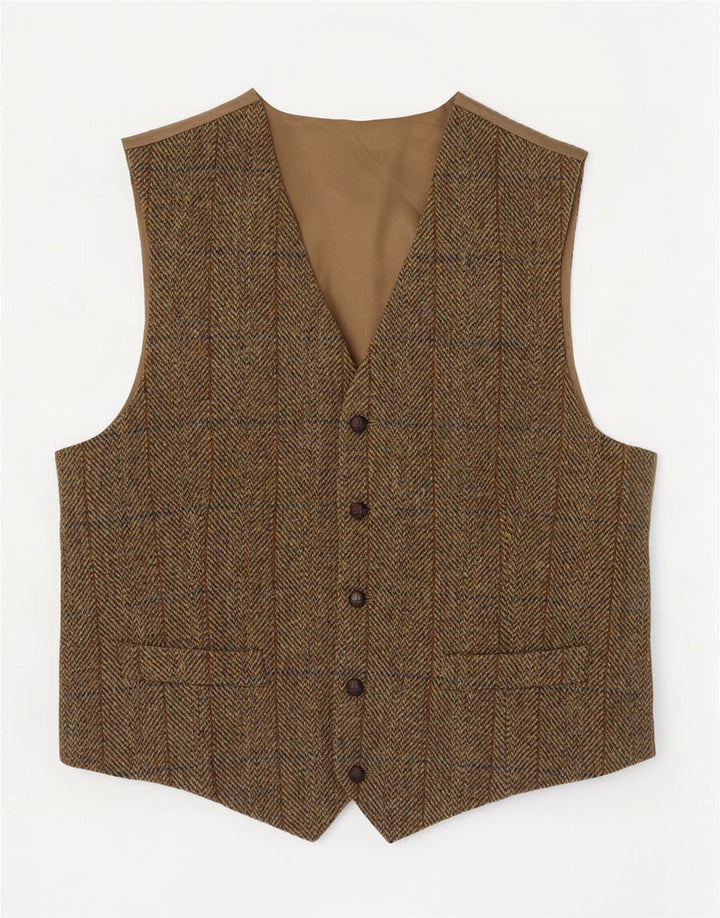 Harris Tweed Mens Waistcoat 2XL Khaki Herringbone Wool