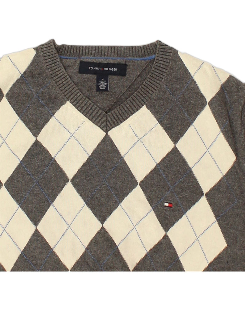 TOMMY HILFIGER Mens V-Neck Jumper Sweater Medium Grey Argyle/Diamond | Vintage Tommy Hilfiger | Thrift | Second-Hand Tommy Hilfiger | Used Clothing | Messina Hembry 