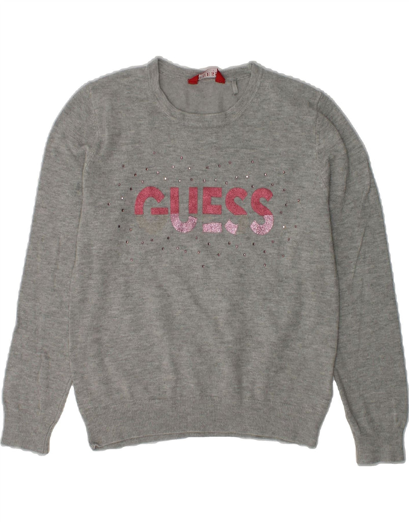 GUESS Girls Graphic Crew Neck Jumper Sweater 6-7 Years Grey Viscose | Vintage Guess | Thrift | Second-Hand Guess | Used Clothing | Messina Hembry 