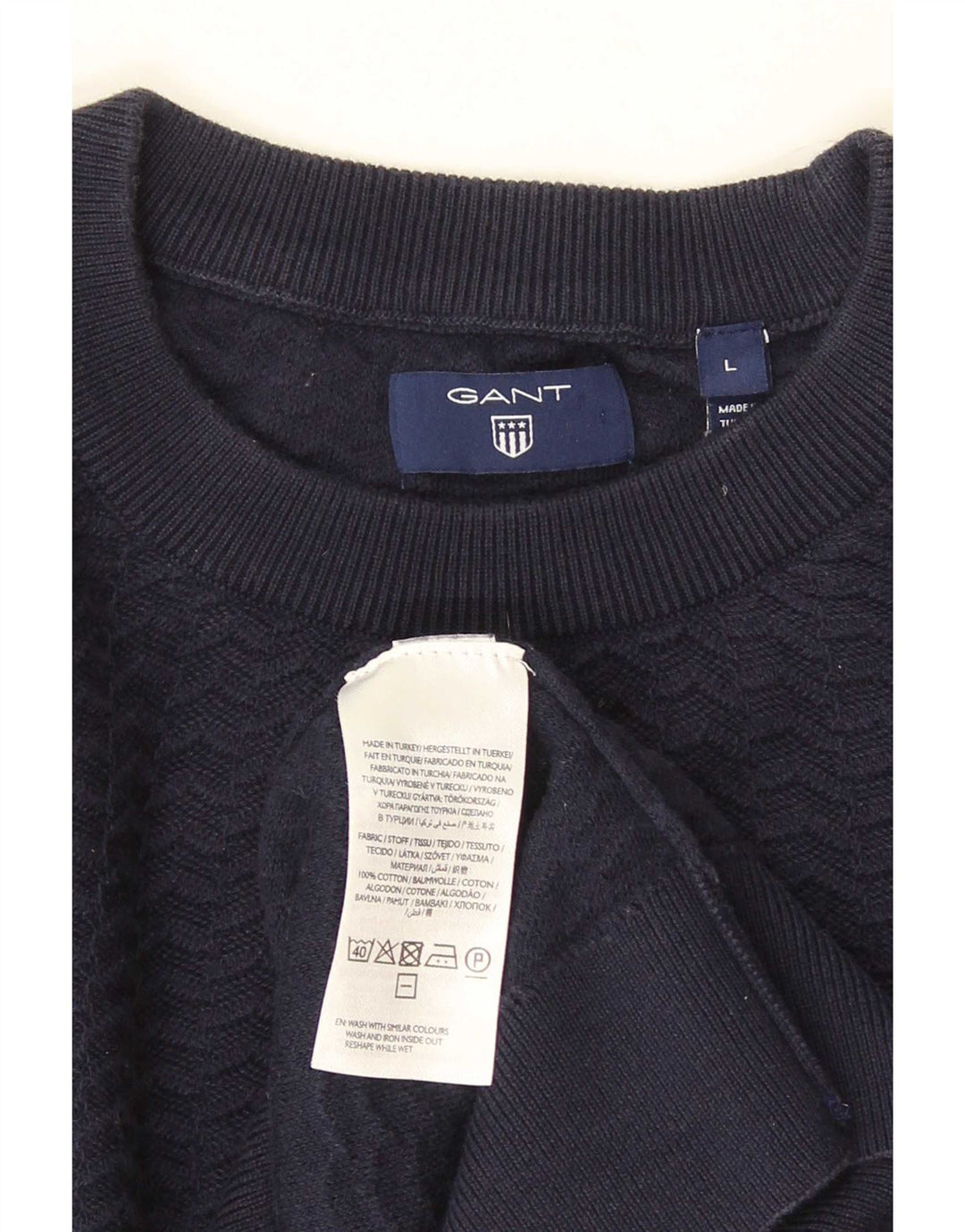 Gant Mens Crew Neck Jumper Sweater Large Navy Blue Chevron Cotton