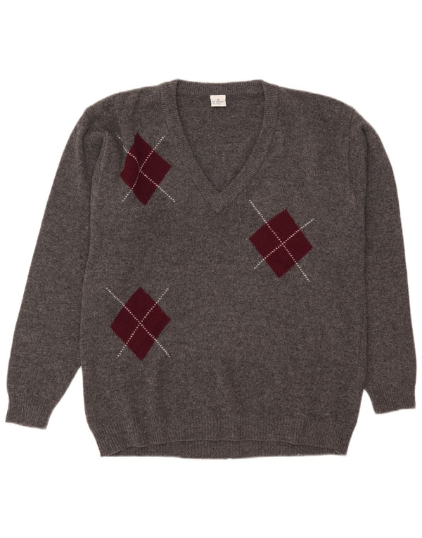 Vintage Mens V-Neck Jumper Sweater IT 52 Large Grey Argyle/Diamond