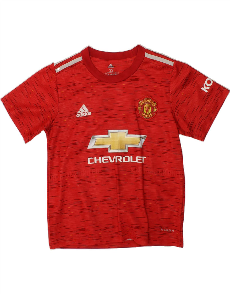 ADIDAS Boys Manchester United T-Shirt Top 7-8 Years Red Spotted Polyester Vintage Adidas and Second-Hand Adidas from Messina Hembry 
