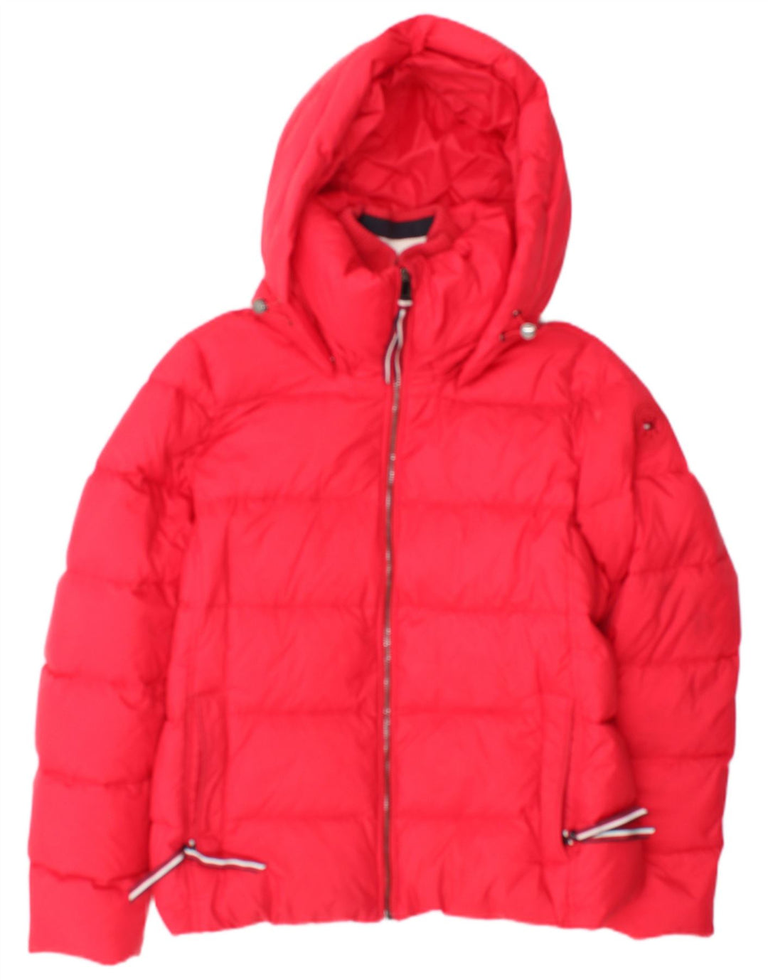 Tommy Hilfiger Womens Hooded Padded Jacket UK 14 Medium Red Cotton