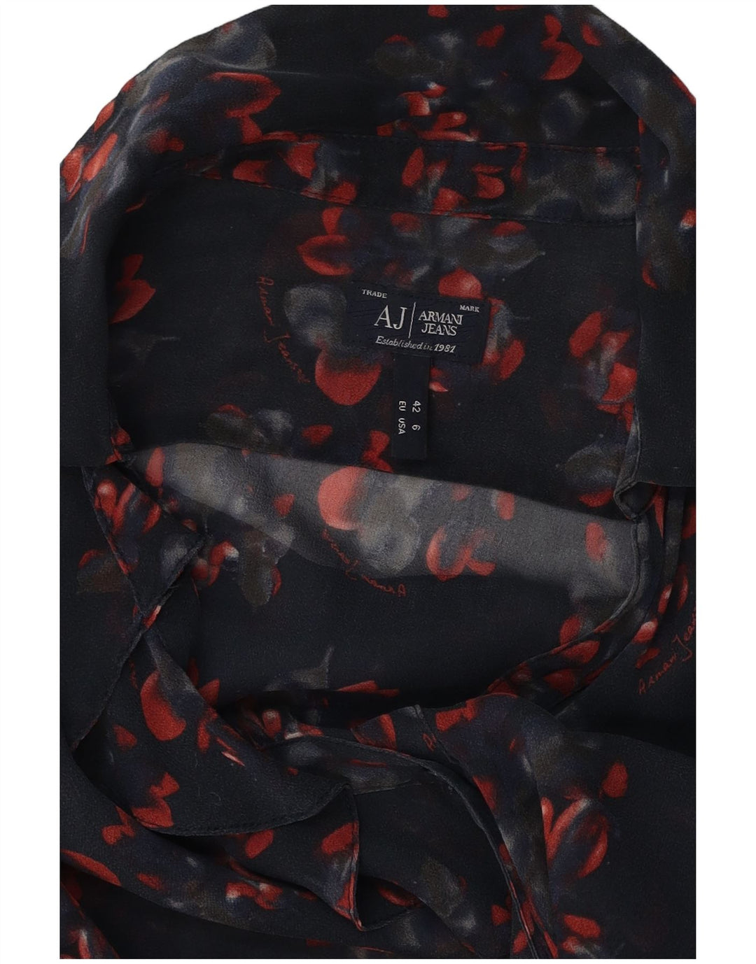 ARMANI JEANS Womens Ruffle Front Shirt Blouse EU 42 Large Navy Blue Floral
