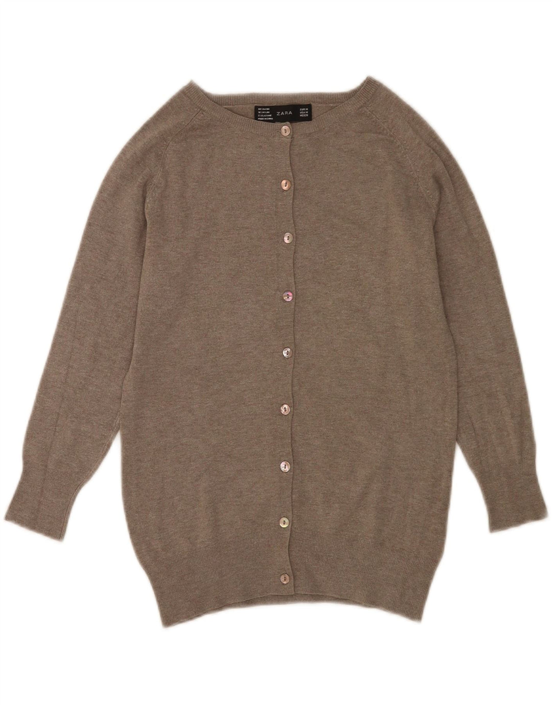 Zara Womens 3/4 Sleeve Cardigan Sweater UK 12 Medium Brown Rayon