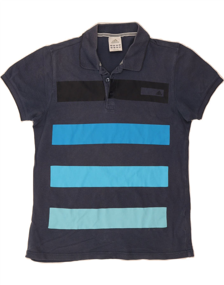 ADIDAS Mens Polo Shirt Medium Navy Blue Striped Cotton Vintage Adidas and Second-Hand Adidas from Messina Hembry 