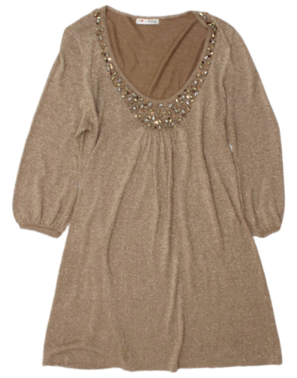 Marks & Spencer Womens 3/4 Sleeve A-Line Dress UK 14 Medium Brown Flecked