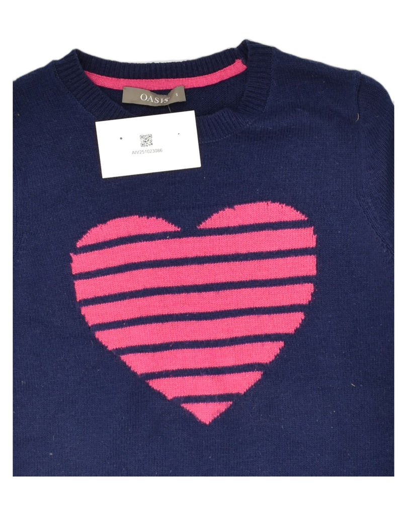 OASIS Womens Graphic Crew Neck Jumper Sweater UK 10 Small Navy Blue Heart | Vintage Oasis | Thrift | Second-Hand Oasis | Used Clothing | Messina Hembry 