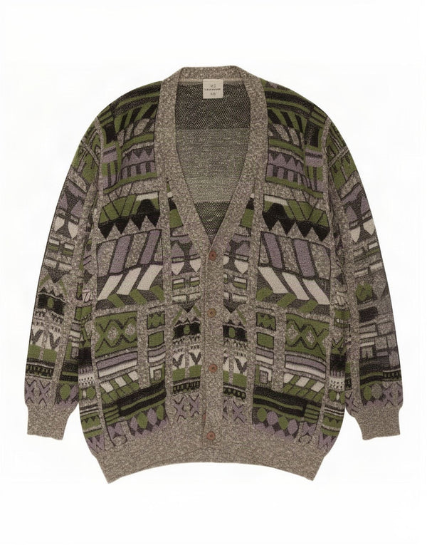 Vintage Mens Cardigan Sweater 3XL Grey Geometric