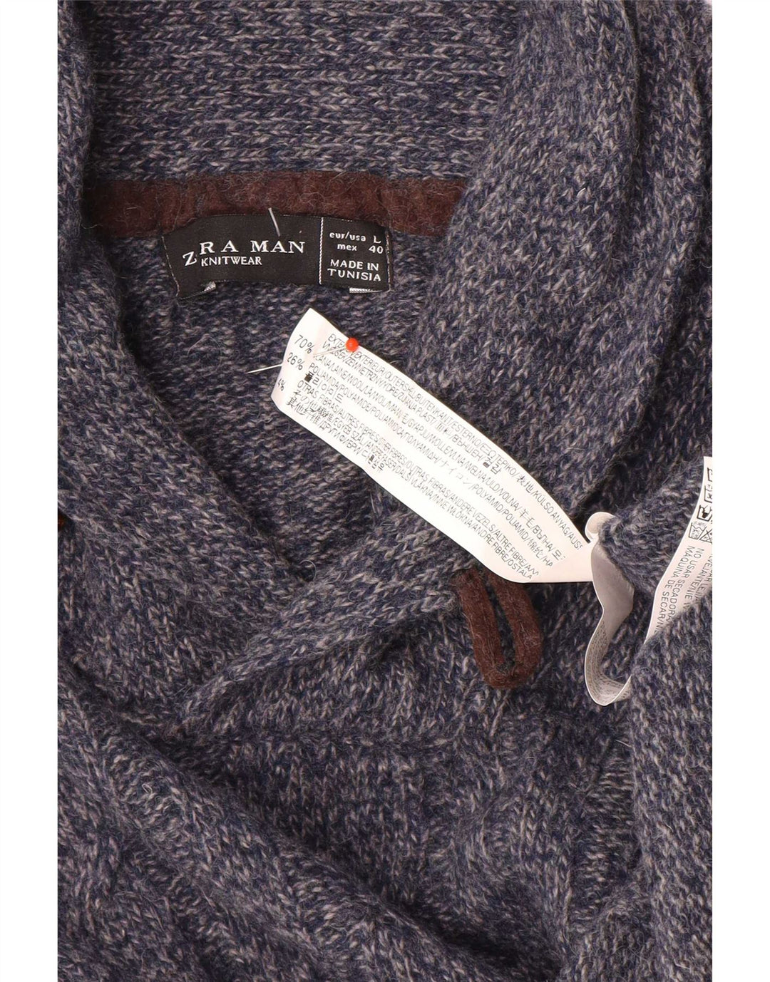 Zara Mens Shawl Neck Jumper Sweater Large Navy Blue Flecked Wool
