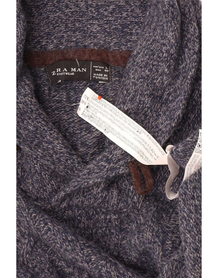 Zara Mens Shawl Neck Jumper Sweater Large Navy Blue Flecked Wool