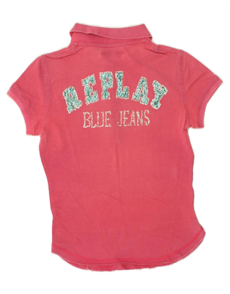 REPLAY Womens Graphic Polo Shirt UK 10 Small Pink Vintage Replay and Second-Hand Replay from Messina Hembry 