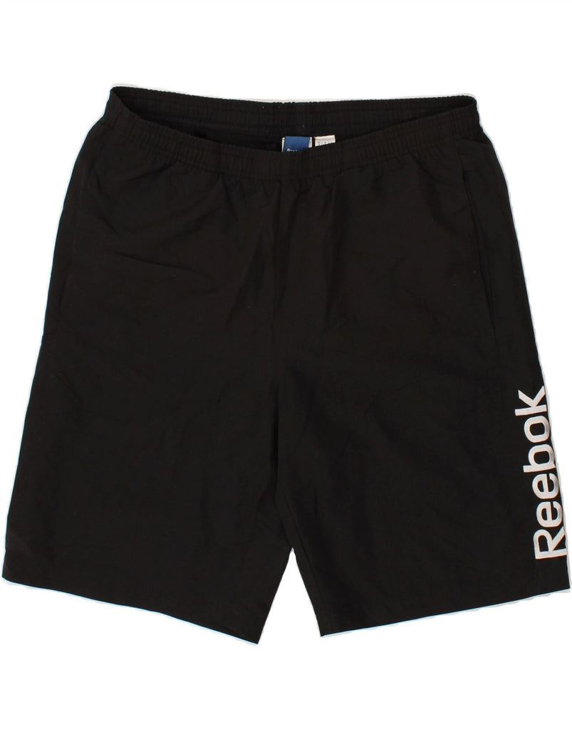 REEBOK Mens Graphic Sport Shorts Medium Black Polyester | Vintage Reebok | Thrift | Second-Hand Reebok | Used Clothing | Messina Hembry 