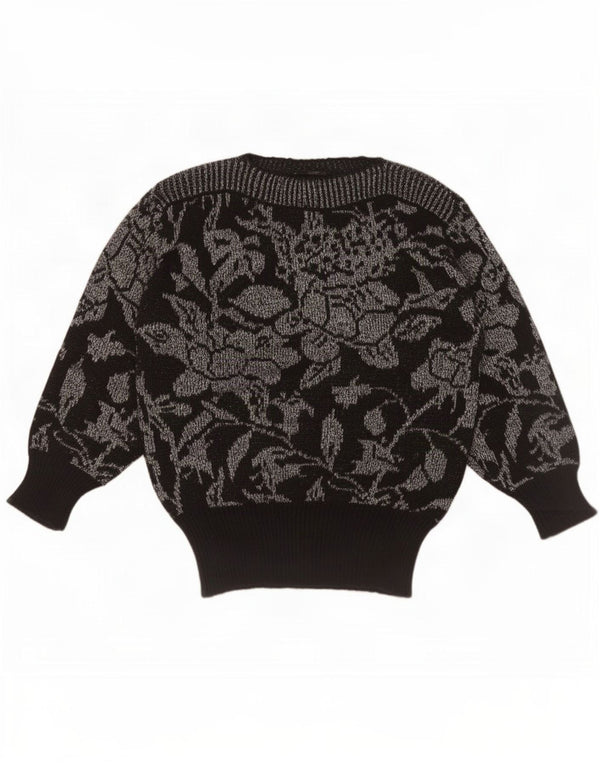 Vintage Womens Boat Neck Jumper Sweater UK 16 Large Black Floral Wool