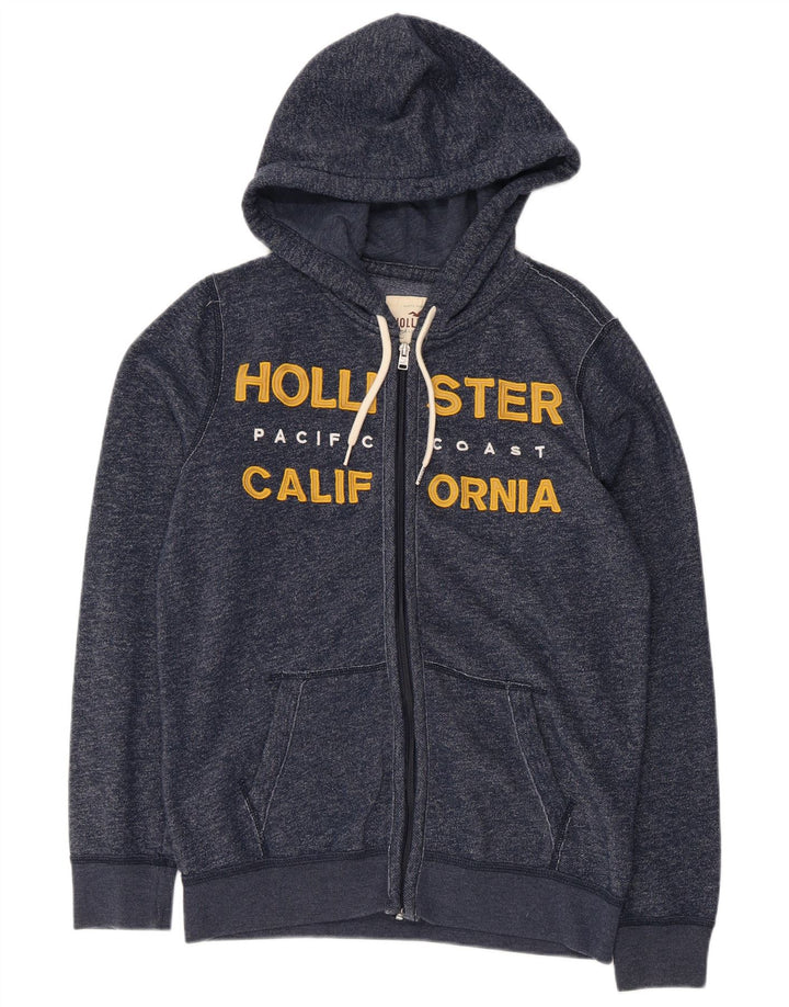 HOLLISTER Mens Graphic Zip Hoodie Sweater Small Navy Blue Flecked Cotton