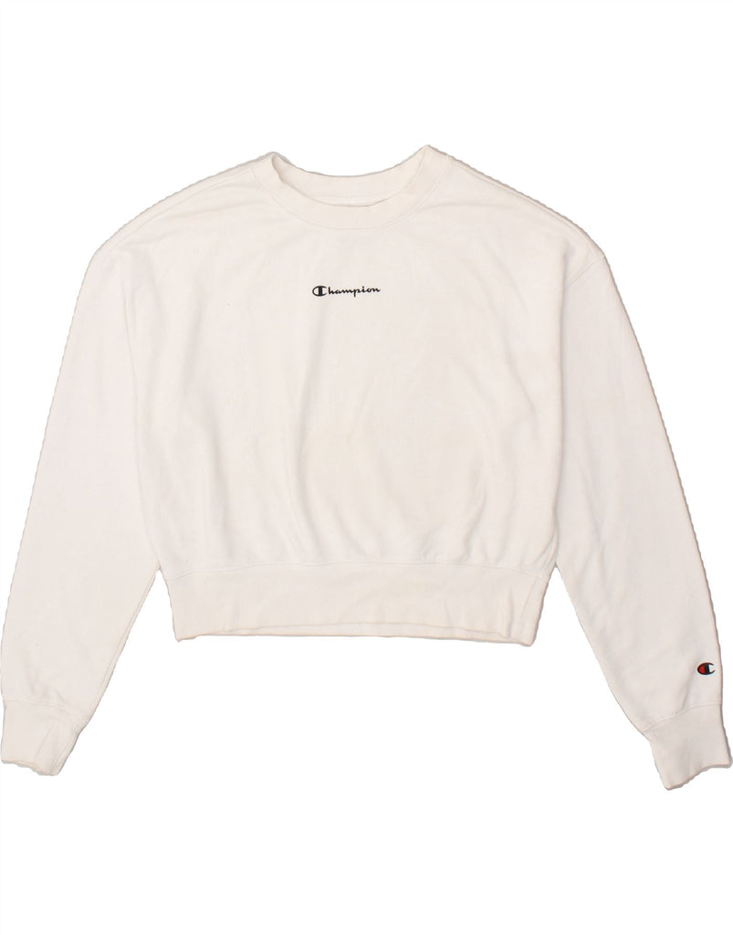 CHAMPION Womens Oversized Crop Sweatshirt Jumper UK 14 Medium White Cotton Vintage Champion and Second-Hand Champion from Messina Hembry 