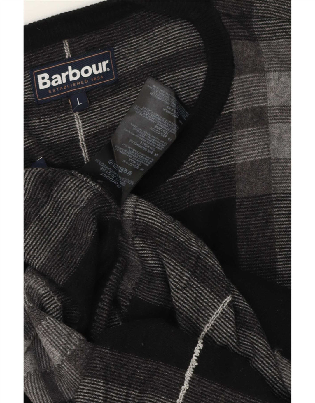 Barbour Mens Boat Neck Jumper Sweater Large Grey Check Cotton