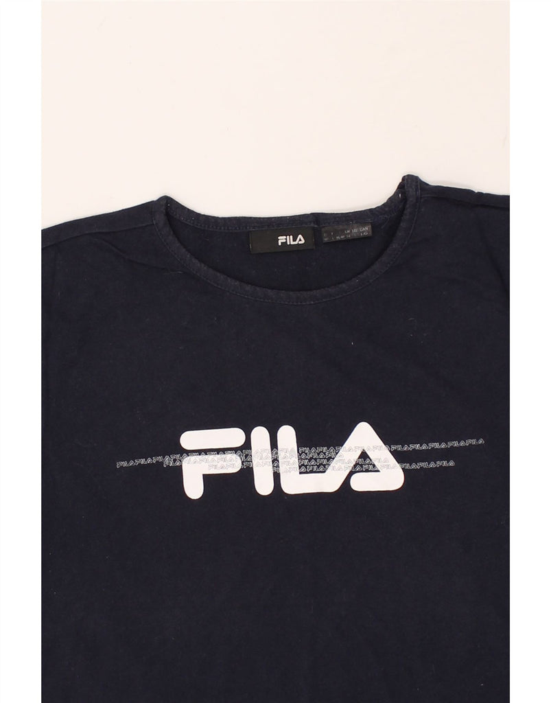 FILA Womens Graphic T-Shirt Top UK 14 Medium Navy Blue Cotton | Vintage Fila | Thrift | Second-Hand Fila | Used Clothing | Messina Hembry 