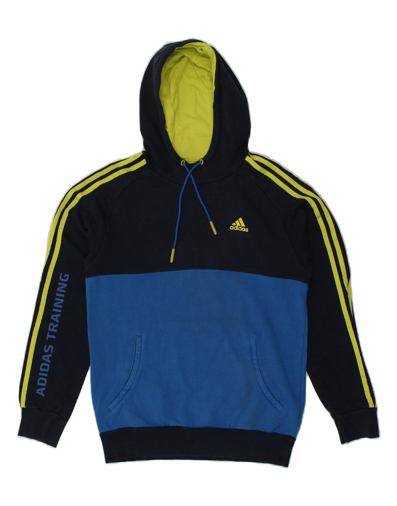 ADIDAS Mens Graphic Hoodie Jumper Small Navy Blue Colourblock Cotton | Vintage Adidas | Thrift | Second-Hand Adidas | Used Clothing | Messina Hembry 