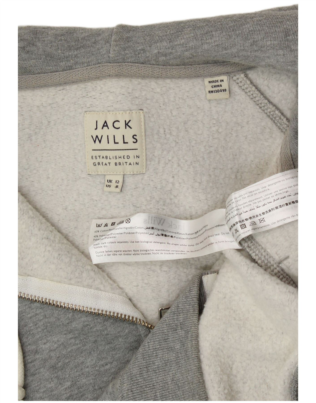 Jack Wills Womens Graphic Zip Hoodie Sweater UK 12 Medium Grey Cotton