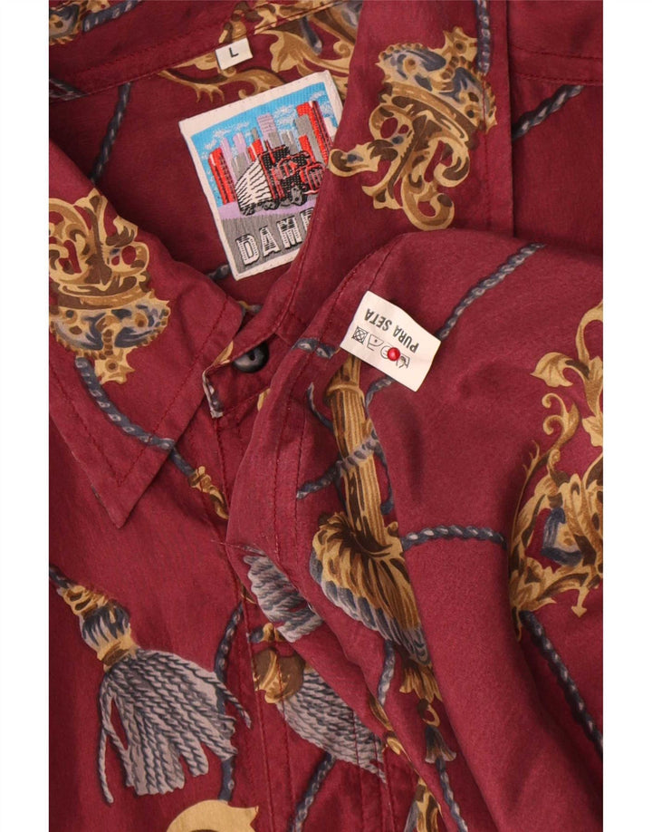 Vintage Mens Abstract Pattern Shirt Large Red Silk