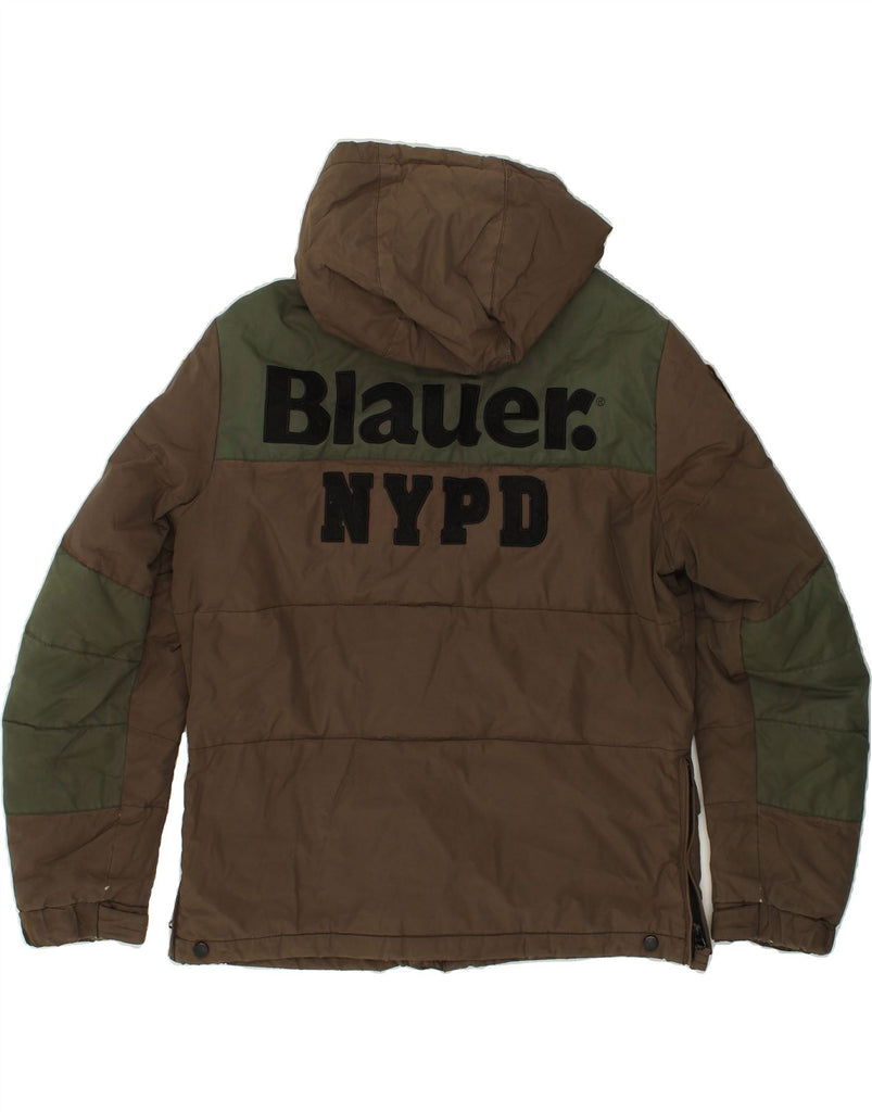 BLAUER Mens Hooded Graphic Windbreaker Jacket UK 40 Large Khaki Vintage Blauer and Second-Hand Blauer from Messina Hembry 