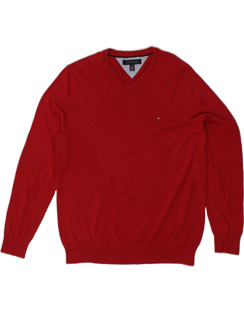 TOMMY HILFIGER Mens V-Neck Jumper Sweater Large Red | Vintage Tommy Hilfiger | Thrift | Second-Hand Tommy Hilfiger | Used Clothing | Messina Hembry 