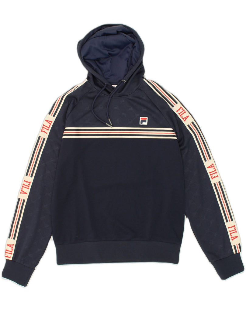 FILA Mens Graphic Hoodie Jumper XS Navy Blue Colourblock Polyester | Vintage Fila | Thrift | Second-Hand Fila | Used Clothing | Messina Hembry 