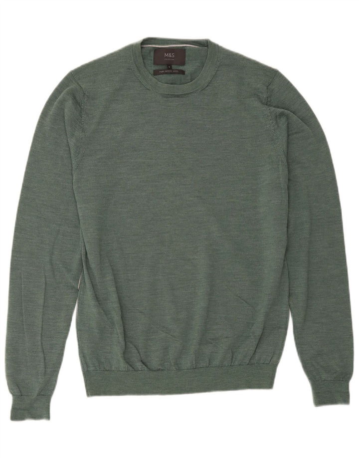 Marks & Spencer Mens Crew Neck Jumper Sweater Medium Green Merino Wool