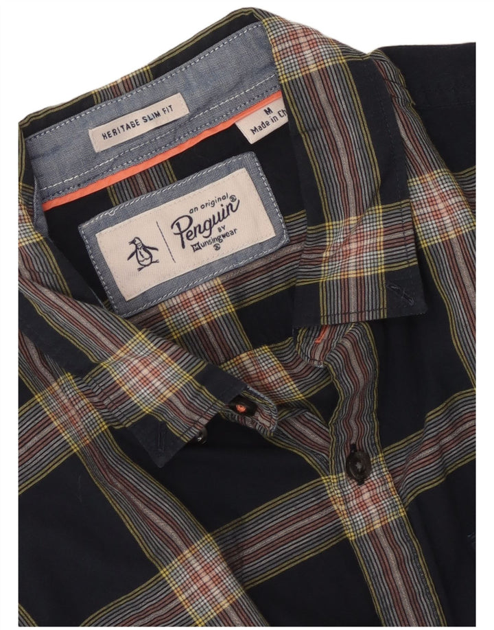 Penguin Mens Heritage Slim Fit Short Sleeve Shirt Medium Navy Blue Check